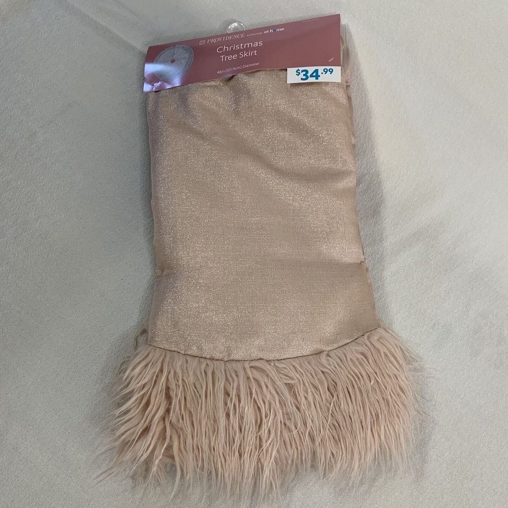 Christmas Tree Skirt Pink Shimmer Shaggy Fluffy Faux Trim Elegant Bottom Decor